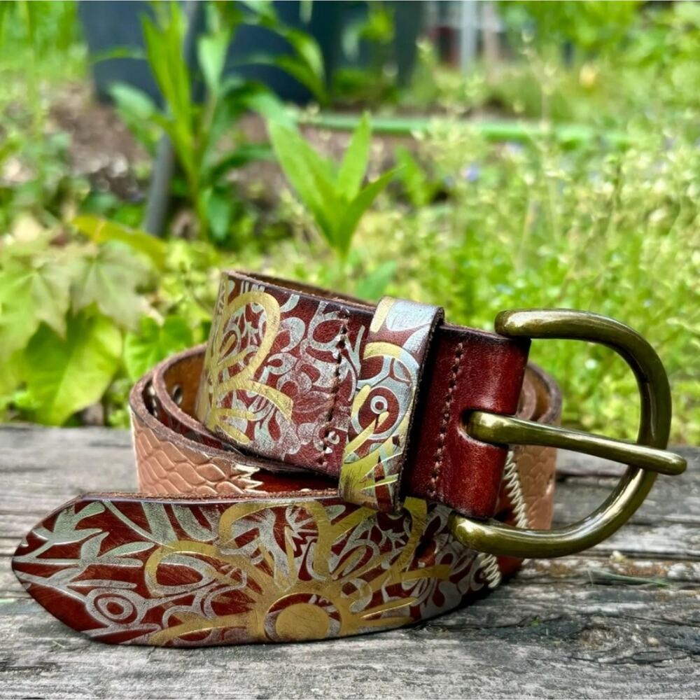 Vintage Fossil Y2k Belt Brown Leather Metallic Accents Studding Womens M - Picture 1 of 14